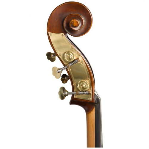 Scroll view of Eastman VB105 double bass fitted with an adjustable bridge and Spirocore strings