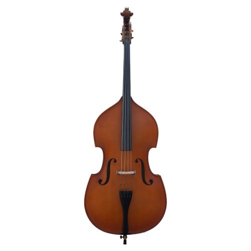 Front view of the Bass Bags Workshop Maiastru double bass with solid spruce top and solid maple back and ribs.