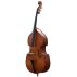 Three-quarter front view of the Bass Bags Workshop Maiastru double bass showing the body profile and carved construction.