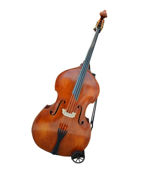 Full-size double bass fitted with a genuine RC Williams Bass Buggie transport trolley.